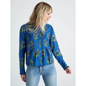 LUCKY BRAND Blue Eleanor Pintuck Floral Lace Trim Button Up Blouse, Sz XL